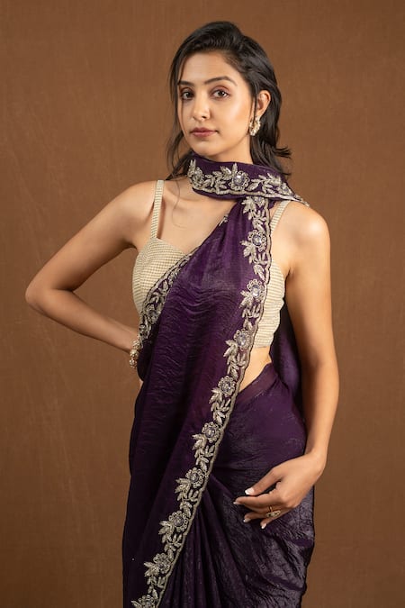 Devissha_Purple Organza Sequins, Cut Work Floral Cutdana Embroidered Saree _Online_at_Aza_Fashions