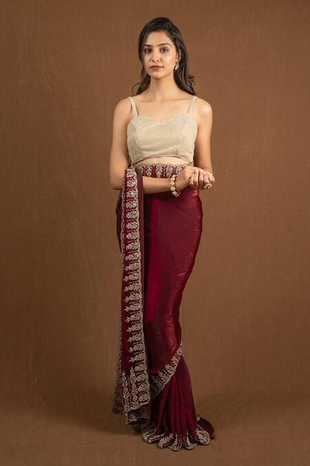 Devissha_Maroon Organza Cut Work, Sequins Floral Embroidered Saree _Online_at_Aza_Fashions