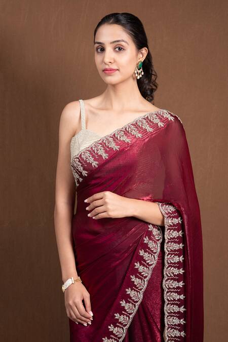 Buy_Devissha_Maroon Organza Cut Work, Sequins Floral Embroidered Saree _Online_at_Aza_Fashions