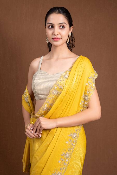Devissha_Yellow Organza Cut Work, Sequins, Beads Floral Embroidered Saree _Online_at_Aza_Fashions
