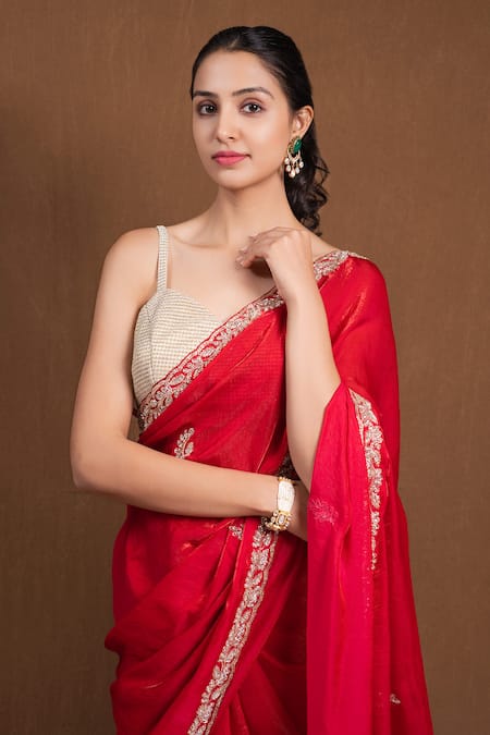 Devissha_Red Organza Cut Work, Sequins Cutdana Embroidered Saree _Online_at_Aza_Fashions