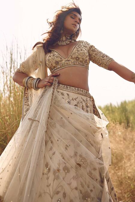 Labelmayaa_Beige Silk, Net Mirrors, Sequins, Champagne Gold Zardozi Embroidered Lehenga Set _Online_at_Aza_Fashions