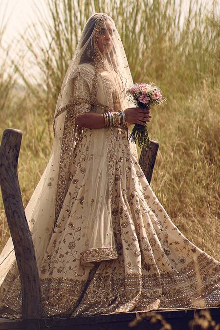Buy_Labelmayaa_Beige Silk, Net Mirrors, Sequins, Champagne Gold Zardozi Embroidered Lehenga Set _Online_at_Aza_Fashions