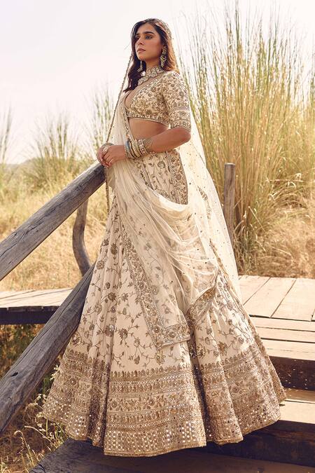 Shop_Labelmayaa_Beige Silk, Net Mirrors, Sequins, Champagne Gold Zardozi Embroidered Lehenga Set _Online_at_Aza_Fashions