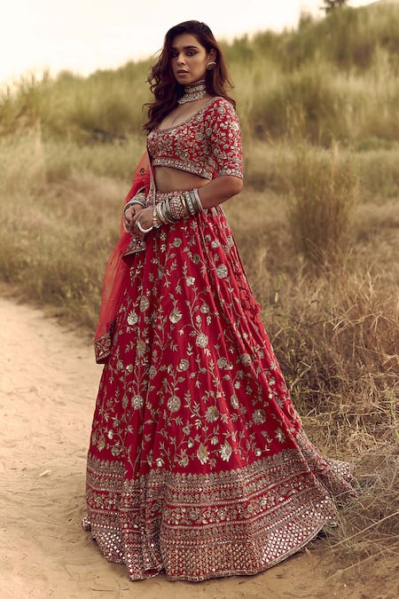Labelmayaa_Red Silk, Net Mirrors, Embroidery Round Neck Zardozi Bridal Lehenga Set _Online_at_Aza_Fashions