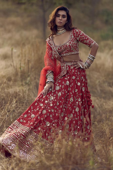 Buy_Labelmayaa_Red Silk, Net Mirrors, Embroidery Round Neck Zardozi Bridal Lehenga Set _Online_at_Aza_Fashions