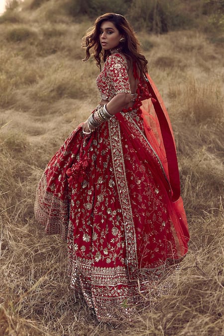 Shop_Labelmayaa_Red Silk, Net Mirrors, Embroidery Round Neck Zardozi Bridal Lehenga Set _Online_at_Aza_Fashions