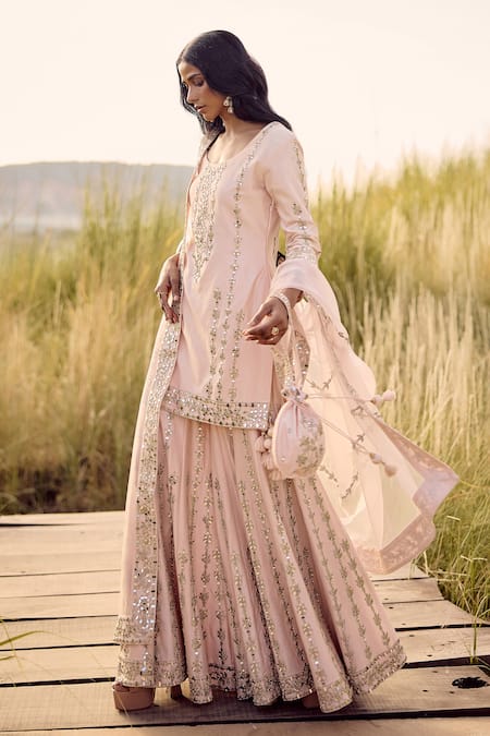 Labelmayaa_Pink Chanderi, Organza Embroidery, Mirrors Round Neck Kurta Sharara Set _Online_at_Aza_Fashions