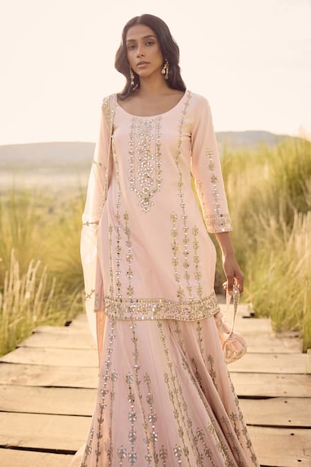 Buy_Labelmayaa_Pink Chanderi, Organza Embroidery, Mirrors Round Neck Kurta Sharara Set _Online_at_Aza_Fashions