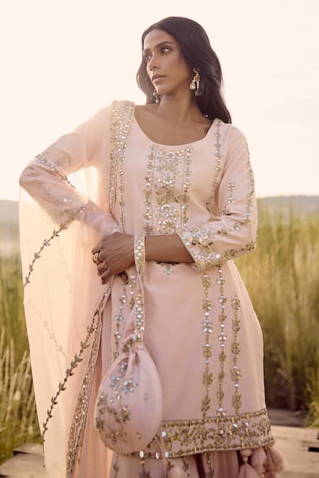 Shop_Labelmayaa_Pink Chanderi, Organza Embroidery, Mirrors Round Neck Kurta Sharara Set _Online_at_Aza_Fashions