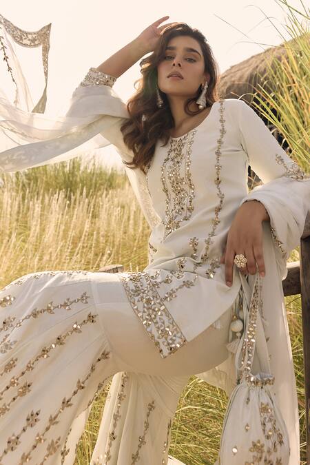 Labelmayaa_White Chanderi, Organza Mirrors, Embroidery Round Neck Kurta Sharara Set _Online_at_Aza_Fashions