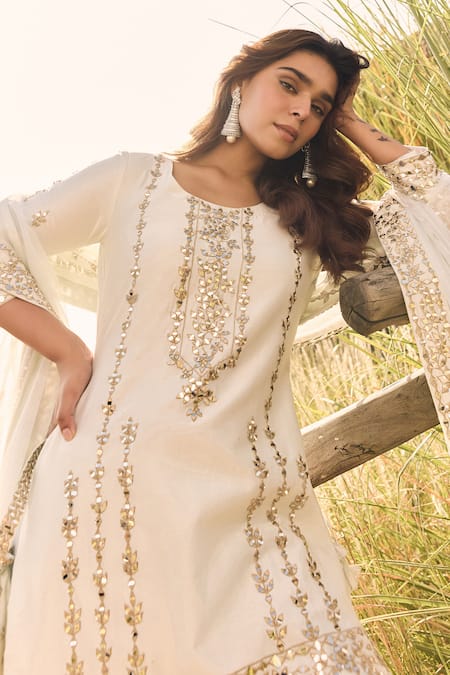Shop_Labelmayaa_White Chanderi, Organza Mirrors, Embroidery Round Neck Kurta Sharara Set _Online_at_Aza_Fashions