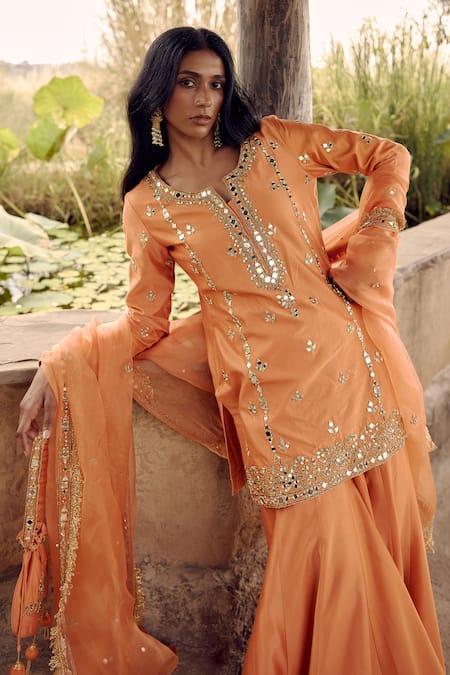 Shop_Labelmayaa_Orange Chanderi, Organza Zari, Mirrors, Diamonds, Embroidery Zardozi Kurta Set _Online_at_Aza_Fashions