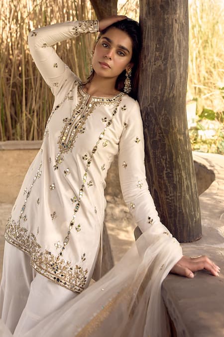 Labelmayaa_Ivory Chanderi, Organza Mirrors, Zari, Dori Embroidered Kurta Sharara Set _Online_at_Aza_Fashions