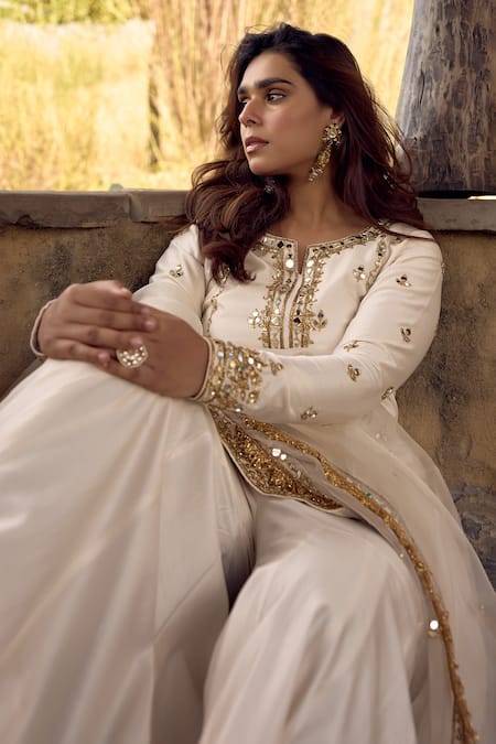 Buy_Labelmayaa_Ivory Chanderi, Organza Mirrors, Zari, Dori Embroidered Kurta Sharara Set _Online_at_Aza_Fashions