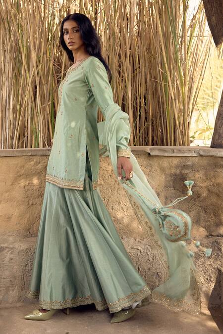 Labelmayaa_Green Chanderi, Organza Zari, Embroidery, Mirrors Zardozi Kurta And Sharara Set _Online_at_Aza_Fashions