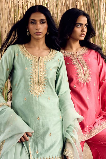 Buy_Labelmayaa_Green Chanderi, Organza Zari, Embroidery, Mirrors Zardozi Kurta And Sharara Set _Online_at_Aza_Fashions