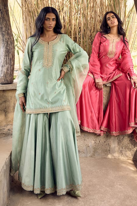 Shop_Labelmayaa_Green Chanderi, Organza Zari, Embroidery, Mirrors Zardozi Kurta And Sharara Set _Online_at_Aza_Fashions