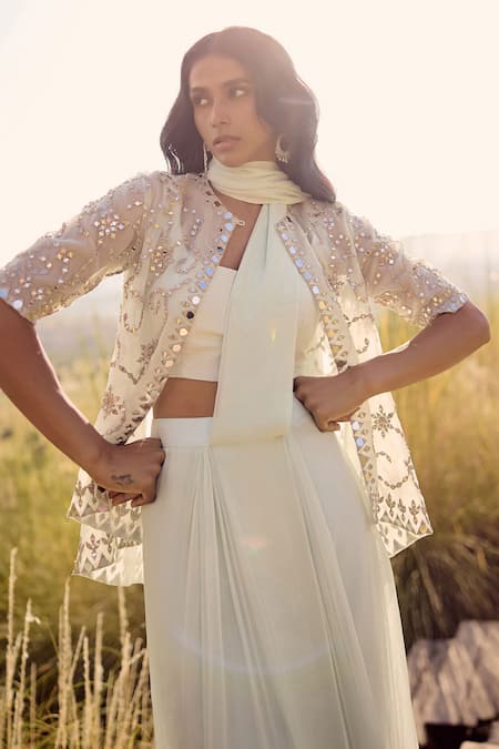 Labelmayaa_Blue Silk, Georgette, Organza Mirrors Scoop Aqua Pre-draped Saree Set With Cape _Online_at_Aza_Fashions