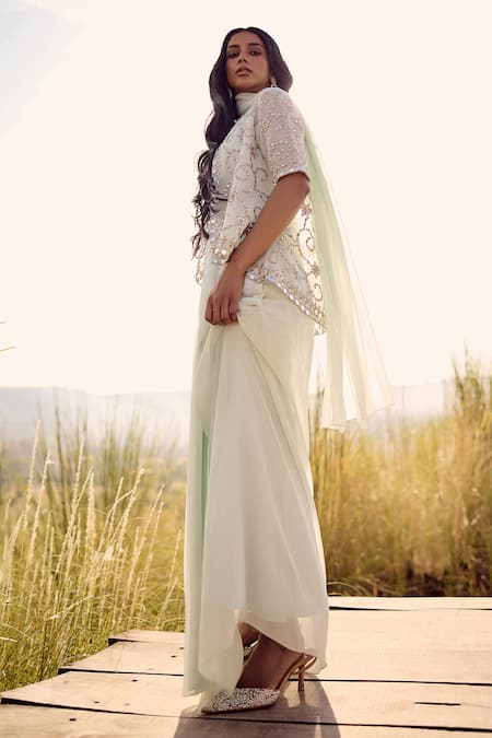 Buy_Labelmayaa_Blue Silk, Georgette, Organza Mirrors Scoop Aqua Pre-draped Saree Set With Cape _Online_at_Aza_Fashions