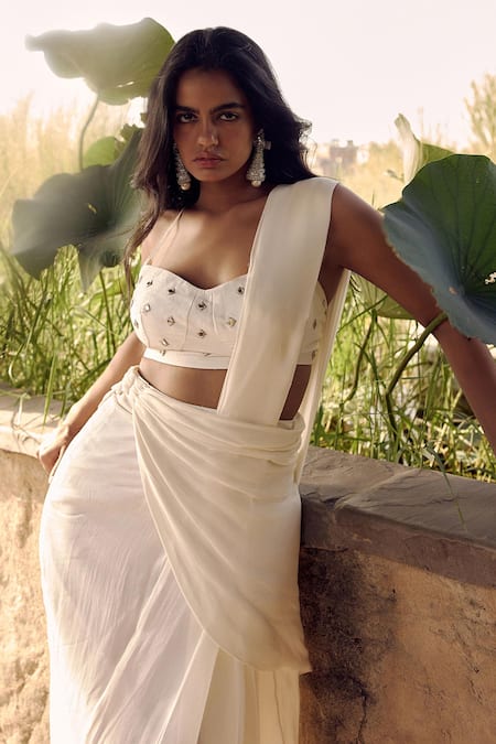 Labelmayaa Ivory Pre-Draped Saree with Mirror Work Cape 