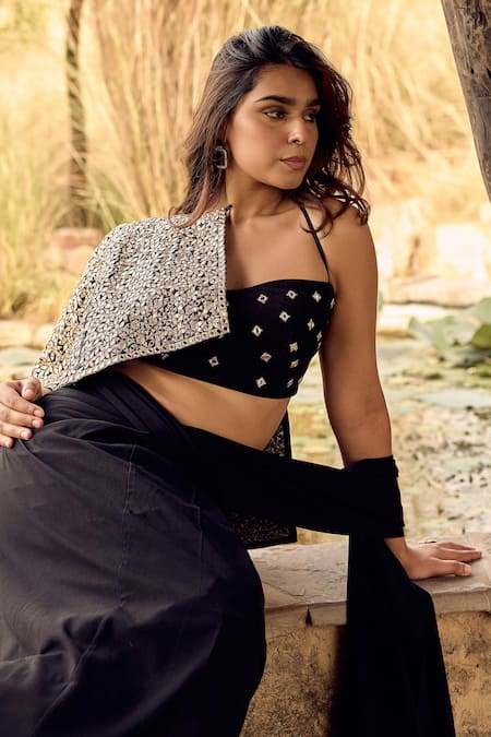 Labelmayaa_Black Silk, Georgette Mirrors Sweetheart Embroidered Work Blouse And Cape Set _Online_at_Aza_Fashions