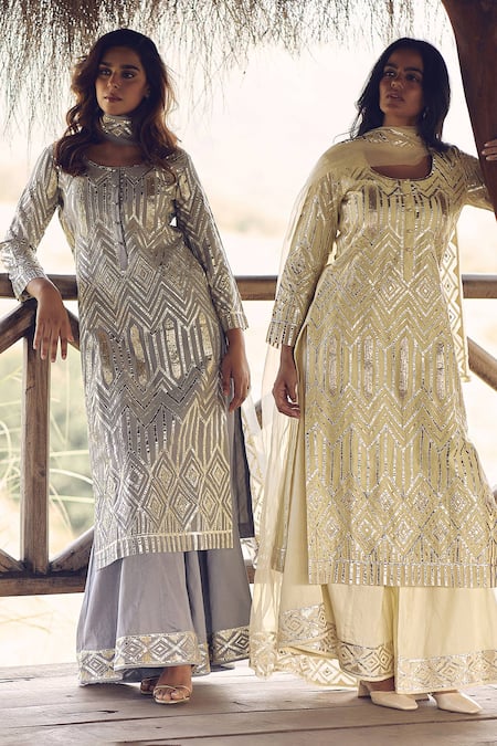 Shop_Labelmayaa_Gray Chanderi, Organza Gota Patti Round Neck Grey Embroidered Kurta Pant Set _at_Aza_Fashions