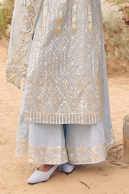 Labelmayaa_Aqua Chanderi, Organza Gota Patti Round Neck Blue Embroidered Kurta Set _Online_at_Aza_Fashions