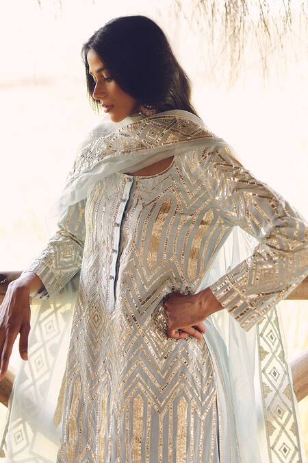Buy_Labelmayaa_Aqua Chanderi, Organza Gota Patti Round Neck Blue Embroidered Kurta Set _Online_at_Aza_Fashions