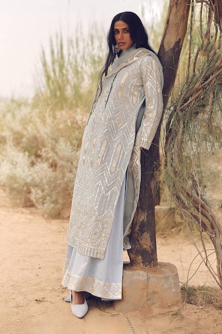 Shop_Labelmayaa_Aqua Chanderi, Organza Gota Patti Round Neck Blue Embroidered Kurta Set _at_Aza_Fashions