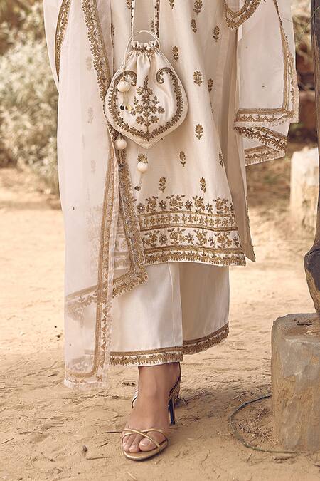 Buy_Labelmayaa_Ivory Chanderi, Organza Zari, Embroidery Collared Zardozi Dori Kurta Set _Online_at_Aza_Fashions