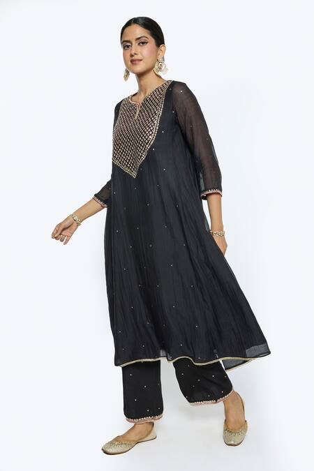 Sinjhar Black Tissue, Chanderi, Cotton, Silk Embroidery Split Floral Hand Kurta Set Online at Aza Fashions Sinjhar_Black Tissue, Chanderi, Cotton, Silk Embroidery Split Floral Hand Kurta Set _Online_at_Aza_Fashions