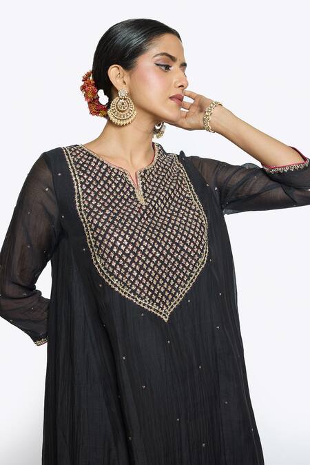 Shop Sinjhar Black Tissue, Chanderi, Cotton, Silk Embroidery Split Floral Hand Kurta Set Online at Aza Fashions Shop_Sinjhar_Black Tissue, Chanderi, Cotton, Silk Embroidery Split Floral Hand Kurta Set _Online_at_Aza_Fashions