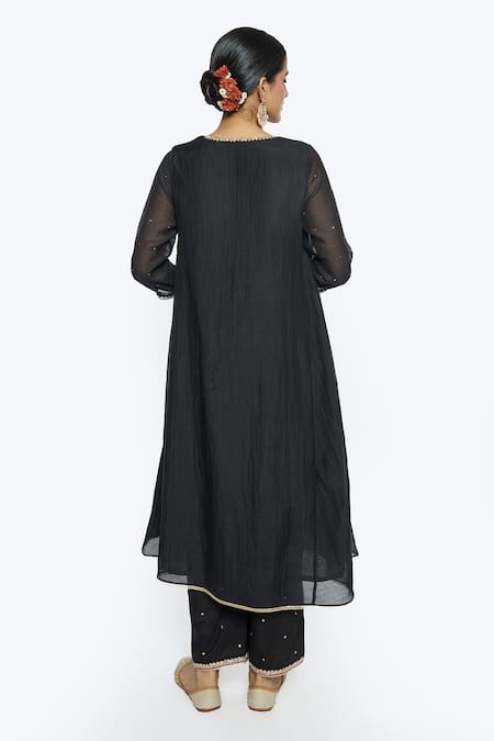 Shop Sinjhar Black Tissue, Chanderi, Cotton, Silk Embroidery Split Floral Hand Kurta Set at Aza Fashions Shop_Sinjhar_Black Tissue, Chanderi, Cotton, Silk Embroidery Split Floral Hand Kurta Set _at_Aza_Fashions