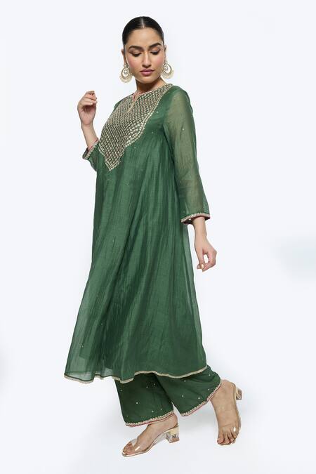 Buy Sinjhar Green Chanderi, Cotton, Silk, Tissue Embroidery Floral Hand A-line Kurta Set Online at Aza Fashions Buy_Sinjhar_Green Chanderi, Cotton, Silk, Tissue Embroidery Floral Hand A-line Kurta Set _Online_at_Aza_Fashions