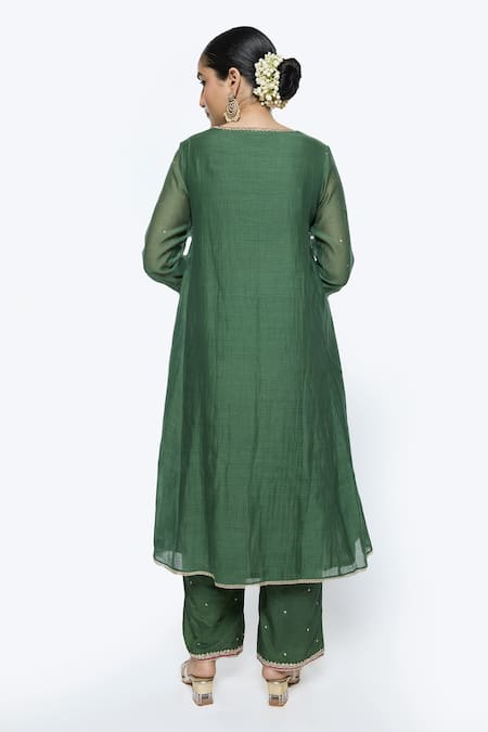 Shop Sinjhar Green Chanderi, Cotton, Silk, Tissue Embroidery Floral Hand A-line Kurta Set at Aza Fashions Shop_Sinjhar_Green Chanderi, Cotton, Silk, Tissue Embroidery Floral Hand A-line Kurta Set _at_Aza_Fashions