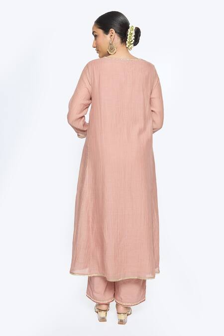 Shop Sinjhar Pink Chanderi, Cotton, Silk, Tissue Embroidery Split Floral Hand Kurta Pant Set at Aza Fashions Shop_Sinjhar_Pink Chanderi, Cotton, Silk, Tissue Embroidery Split Floral Hand Kurta Pant Set _at_Aza_Fashions