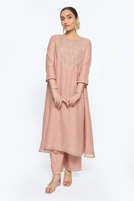 Buy Sinjhar Pink Chanderi, Cotton, Silk, Tissue Embroidery Split Floral Hand Kurta Pant Set Online at Aza Fashions Buy_Sinjhar_Pink Chanderi, Cotton, Silk, Tissue Embroidery Split Floral Hand Kurta Pant Set _Online_at_Aza_Fashions