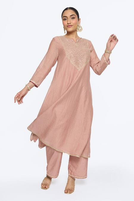 Shop Sinjhar Pink Chanderi, Cotton, Silk, Tissue Embroidery Split Floral Hand Kurta Pant Set Online at Aza Fashions Shop_Sinjhar_Pink Chanderi, Cotton, Silk, Tissue Embroidery Split Floral Hand Kurta Pant Set _Online_at_Aza_Fashions