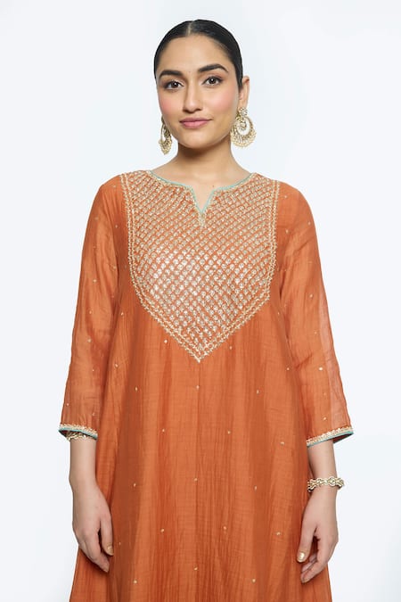 Sinjhar Orange Chanderi, Cotton, Tissue Embroidery Split Floral Hand Kurta Pant Set Online at Aza Fashions Sinjhar_Orange Chanderi, Cotton, Tissue Embroidery Split Floral Hand Kurta Pant Set _Online_at_Aza_Fashions