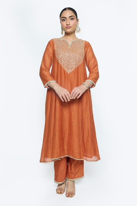 Buy Sinjhar Orange Chanderi, Cotton, Tissue Embroidery Split Floral Hand Kurta Pant Set Online at Aza Fashions Buy_Sinjhar_Orange Chanderi, Cotton, Tissue Embroidery Split Floral Hand Kurta Pant Set _Online_at_Aza_Fashions