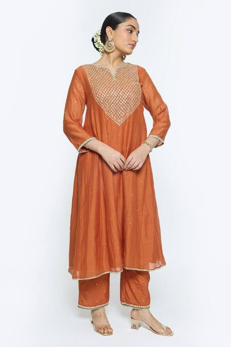 Shop Sinjhar Orange Chanderi, Cotton, Tissue Embroidery Split Floral Hand Kurta Pant Set Online at Aza Fashions Shop_Sinjhar_Orange Chanderi, Cotton, Tissue Embroidery Split Floral Hand Kurta Pant Set _Online_at_Aza_Fashions