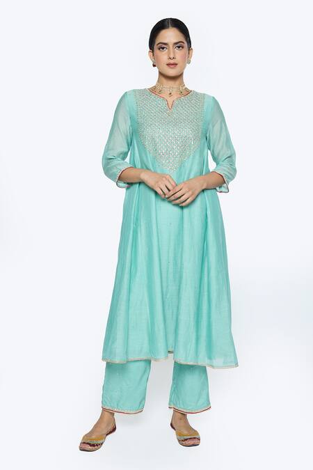 Buy Sinjhar Blue Chanderi, Cotton, Silk Embroidery Split V-neck Floral Hand Kurta Set Online at Aza Fashions Buy_Sinjhar_Blue Chanderi, Cotton, Silk Embroidery Split V-neck Floral Hand Kurta Set _Online_at_Aza_Fashions