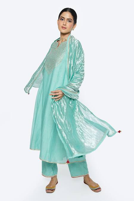 Shop Sinjhar Blue Chanderi, Cotton, Silk Embroidery Split V-neck Floral Hand Kurta Set Online at Aza Fashions Shop_Sinjhar_Blue Chanderi, Cotton, Silk Embroidery Split V-neck Floral Hand Kurta Set _Online_at_Aza_Fashions
