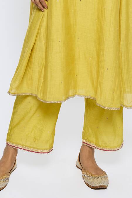 Sinjhar Yellow Tissue, Chanderi, Cotton, Silk Embroidery Split Floral Hand Kurta Set Online at Aza Fashions Sinjhar_Yellow Tissue, Chanderi, Cotton, Silk Embroidery Split Floral Hand Kurta Set _Online_at_Aza_Fashions