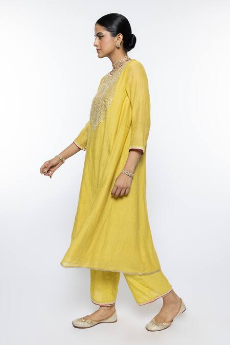 Buy Sinjhar Yellow Tissue, Chanderi, Cotton, Silk Embroidery Split Floral Hand Kurta Set Online at Aza Fashions Buy_Sinjhar_Yellow Tissue, Chanderi, Cotton, Silk Embroidery Split Floral Hand Kurta Set _Online_at_Aza_Fashions