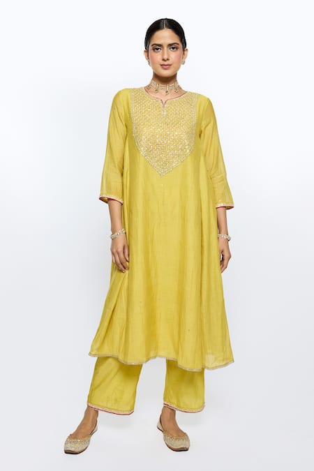 Shop Sinjhar Yellow Tissue, Chanderi, Cotton, Silk Embroidery Split Floral Hand Kurta Set Online at Aza Fashions Shop_Sinjhar_Yellow Tissue, Chanderi, Cotton, Silk Embroidery Split Floral Hand Kurta Set _Online_at_Aza_Fashions