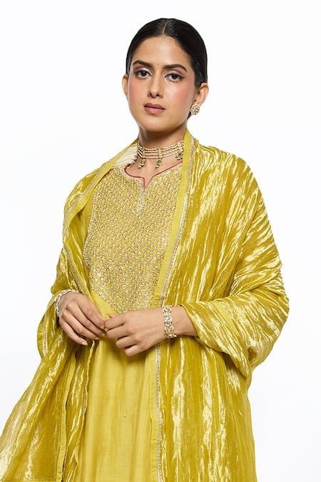 Sinjhar Yellow Tissue, Chanderi, Cotton, Silk Embroidery Split Floral Hand Kurta Set at Aza Fashions Sinjhar_Yellow Tissue, Chanderi, Cotton, Silk Embroidery Split Floral Hand Kurta Set _at_Aza_Fashions