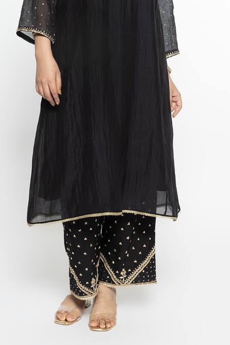 Sinjhar Black Chanderi, , Satin, Kota Doria Bloom Hand Kurta Set Online at Aza Fashions Sinjhar_Black Chanderi, , Satin, Kota Doria Bloom Hand Kurta Set _Online_at_Aza_Fashions