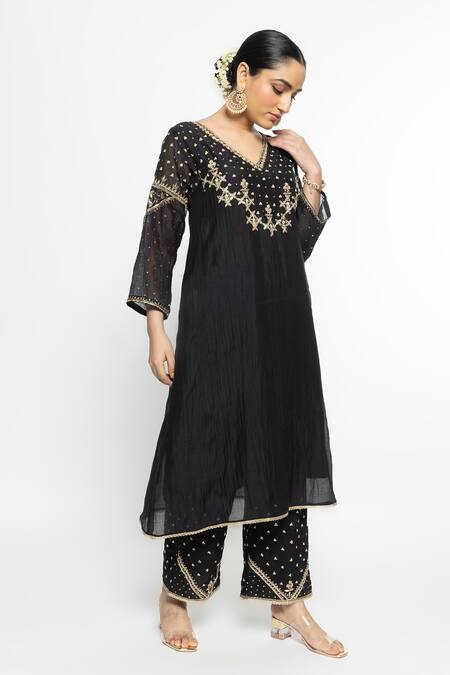 Buy Sinjhar Black Chanderi, , Satin, Kota Doria Bloom Hand Kurta Set Online at Aza Fashions Buy_Sinjhar_Black Chanderi, , Satin, Kota Doria Bloom Hand Kurta Set _Online_at_Aza_Fashions